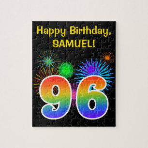 Fun Fireworks + Rainbow Pattern "96" Birthday # Jigsaw Puzzle
