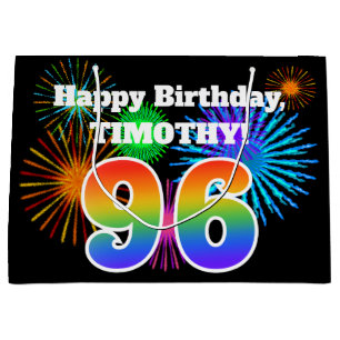 Fun Fireworks + Rainbow Pattern "96" Birthday # Large Gift Bag