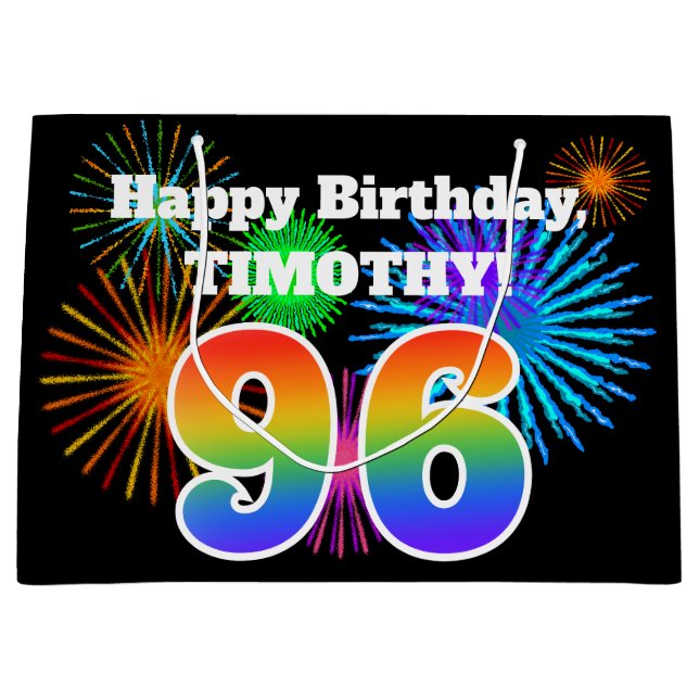 Fun Fireworks + Rainbow Pattern "96" Birthday # Large Gift Bag (Front)