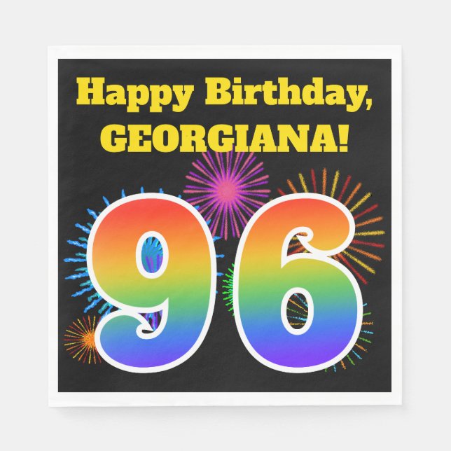 Fun Fireworks + Rainbow Pattern "96" Birthday # Napkin (Front)
