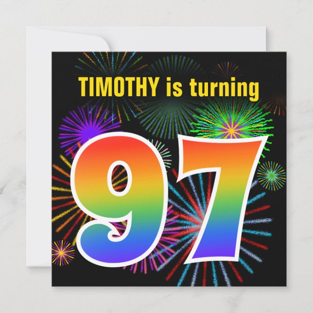 Fun Fireworks + Rainbow Pattern "97" Birthday # Invitation (Front)