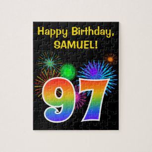 Fun Fireworks + Rainbow Pattern "97" Birthday # Jigsaw Puzzle