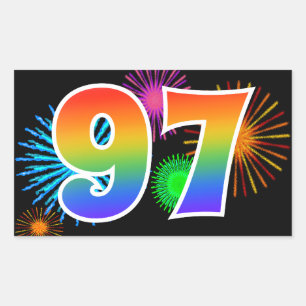 Fun Fireworks + Rainbow Pattern "97" Event Number Rectangular Sticker