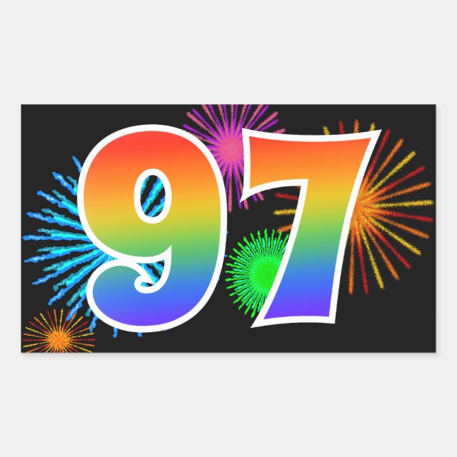 Fun Fireworks + Rainbow Pattern "97" Event Number Rectangular Sticker (Front)