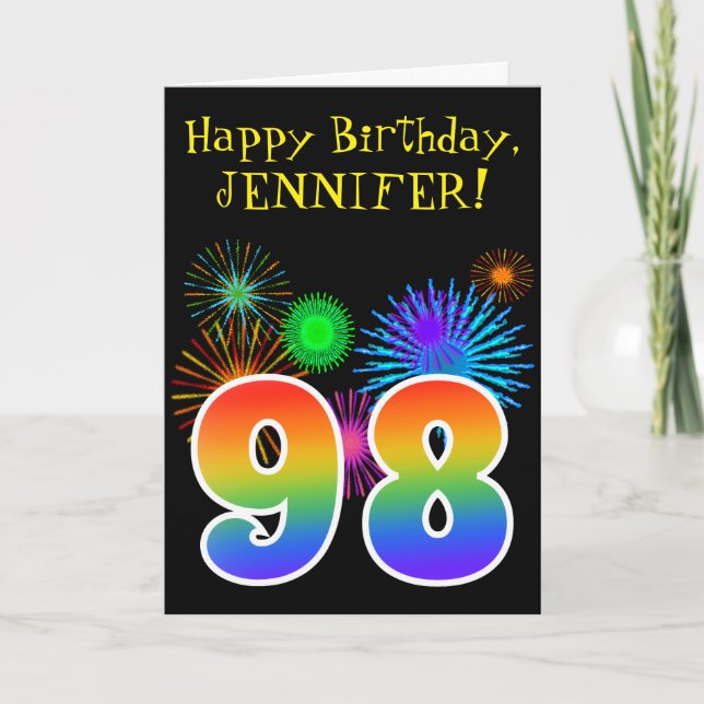 Fun Fireworks + Rainbow Pattern "98" Birthday # Card (Front)