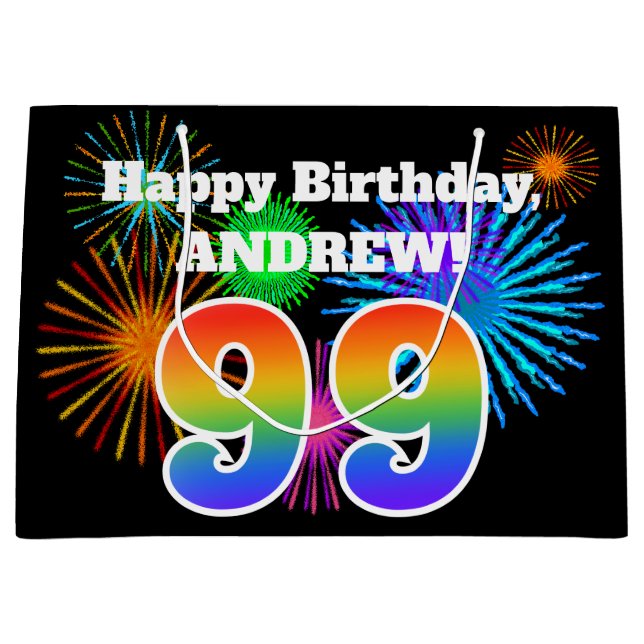 Fun Fireworks + Rainbow Pattern "99" Birthday # Large Gift Bag (Front)
