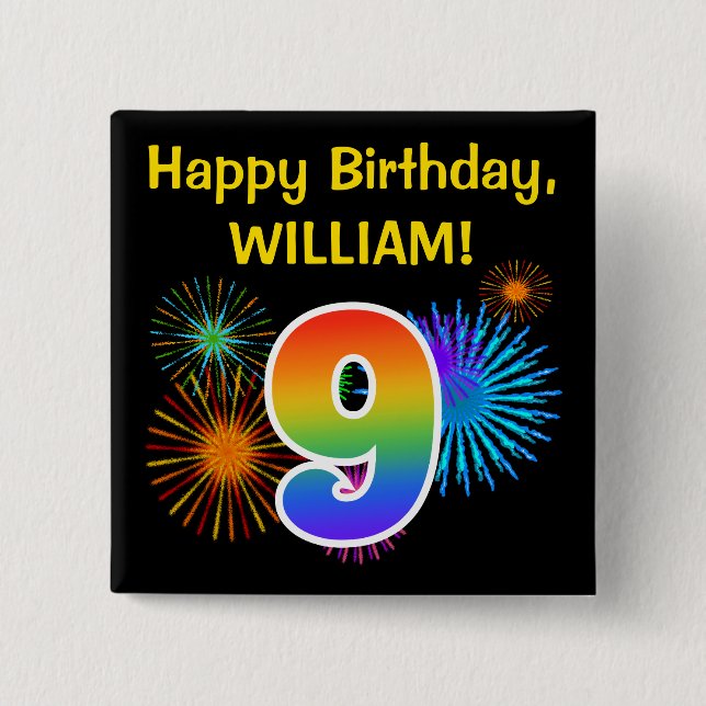 Fun Fireworks + Rainbow Pattern "9" Birthday # 15 Cm Square Badge (Front)