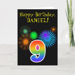 Fun Fireworks + Rainbow Pattern "9" Birthday # Card