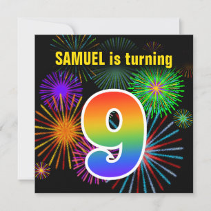 Fun Fireworks + Rainbow Pattern "9" Birthday # Invitation