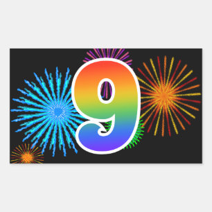 Fun Fireworks + Rainbow Pattern "9" Event Number Rectangular Sticker