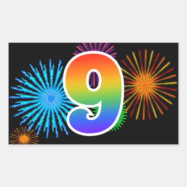 Fun Fireworks + Rainbow Pattern "9" Event Number Rectangular Sticker (Front)