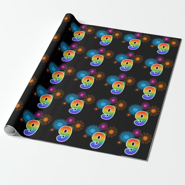 Fun Fireworks + Rainbow Pattern "9" Event Number Wrapping Paper (Unrolled)