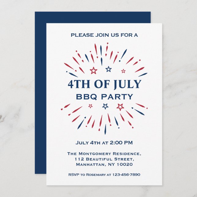 Fun Fireworks Red White Blue 4th Of July BBQ Party Invitation (Front/Back)