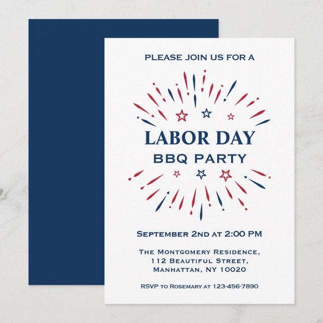 Fun Fireworks Red White Blue Labour Day BBQ Party Invitation (Front/Back)