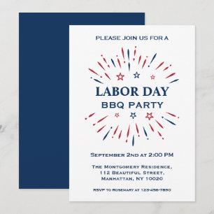 Fun Fireworks Red White Blue Labour Day BBQ Party Invitation