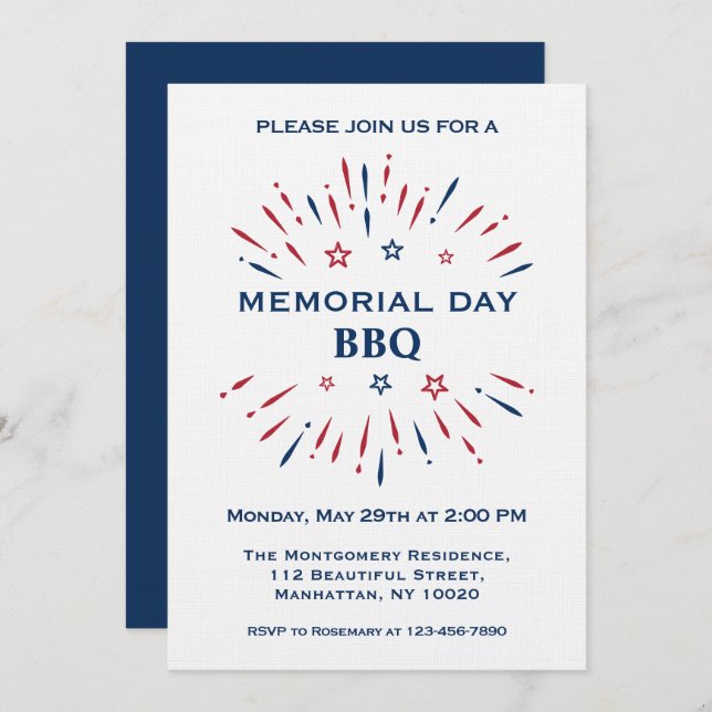 Fun Fireworks Red White Blue Memorial Day BBQ Invitation (Front/Back)