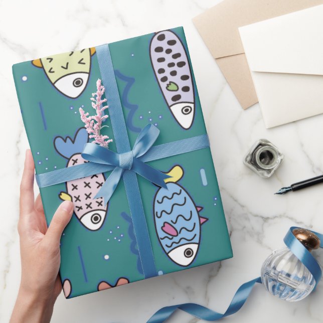Fun Fish Doodle Teal Ocean Water Pisces Birthday Wrapping Paper (Gifting)