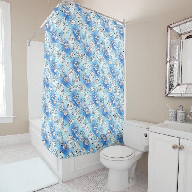 Fun Fish on a Watercolor Splash Background Shower Curtain (In Situ)