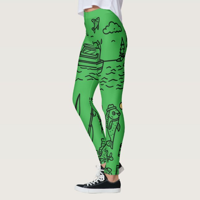 Fun Fishing Adventure Doodle Art Leggings (Left)