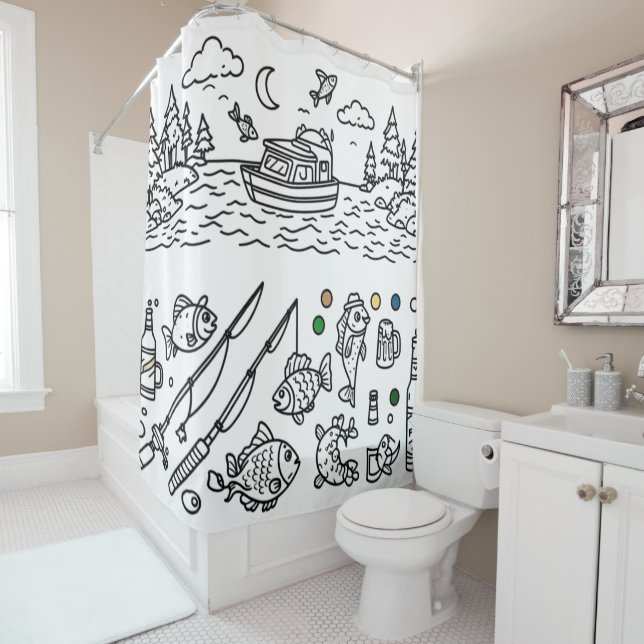 Fun Fishing Adventure Doodle Art Shower Curtain (In Situ)