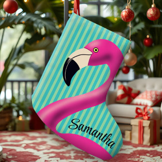 Fun Flamingo Hot Pink Aqua Stripes Modern Tropical Large Christmas Stocking