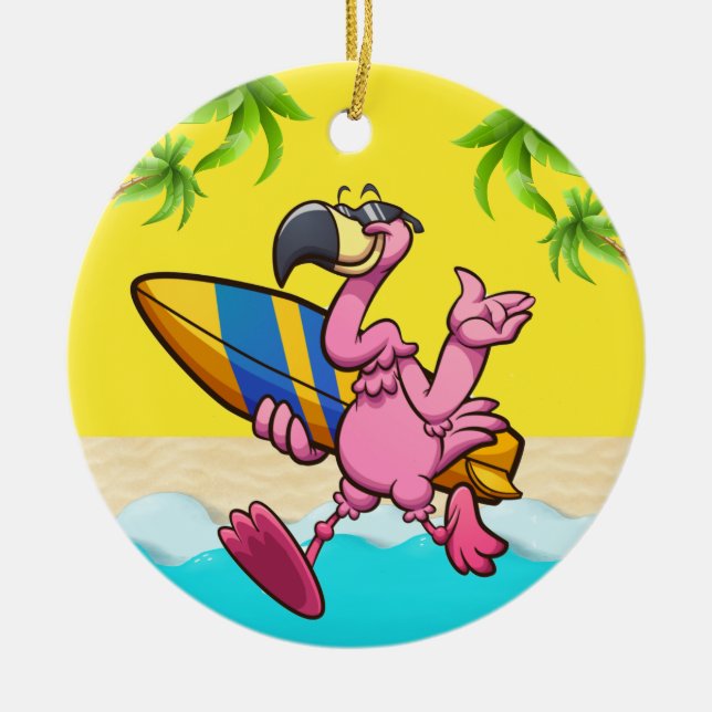 Fun Flamingo Surfer Ceramic Tree Decoration (Front)