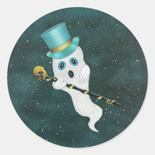 Fun Floating Ghost Aqua Top Hat Skull Cane in Sky Classic Round Sticker