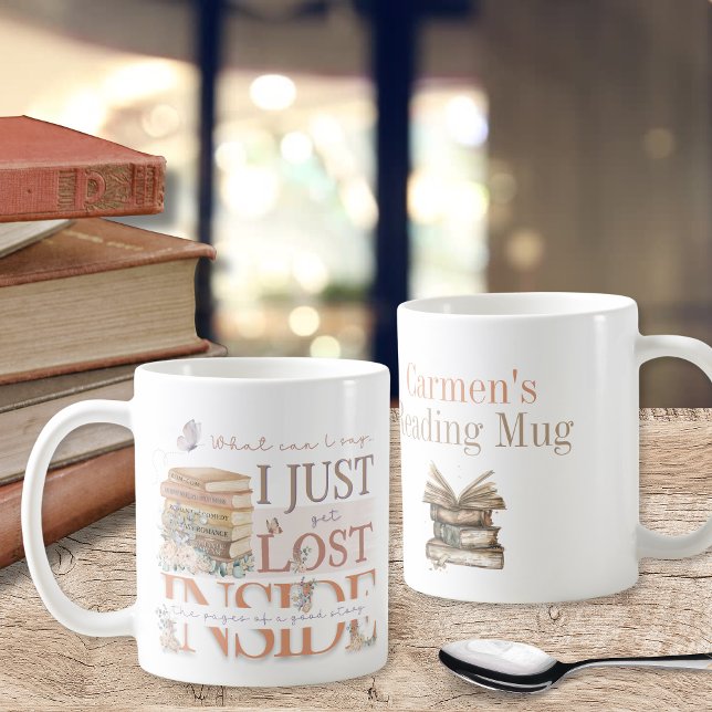 Fun Floral Bookish Romance Personalised Saying Coffee Mug (Personalized bookish theme romance book lovers floral lost inside the pages of a good story mugs)