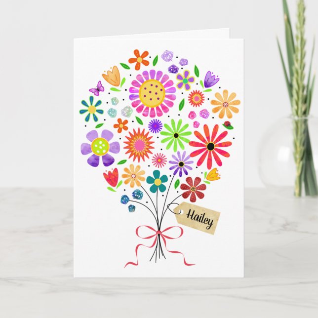 Fun Floral Bouquet with Name Card Birthday Card (Front)