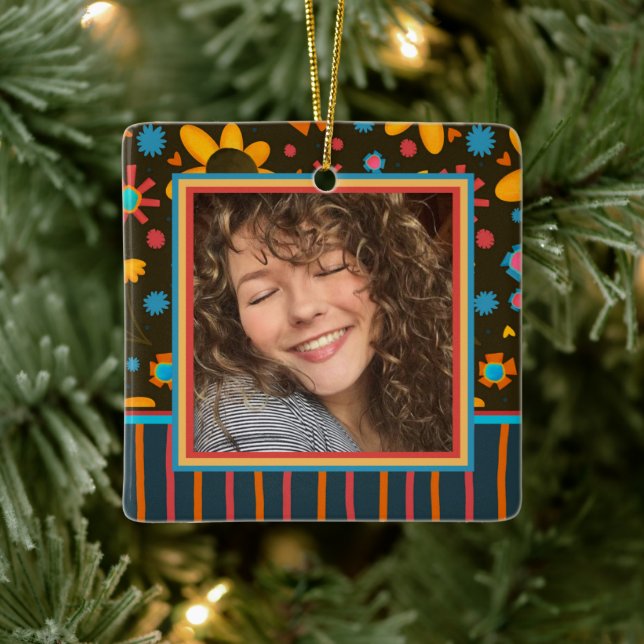 Fun Floral Daisy Custom Photo Name Date Ceramic Ornament (Tree)