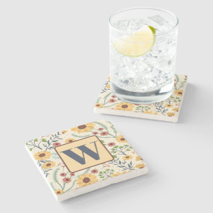 Fun Floral Daisy Pattern Custom Initial  Stone Coaster