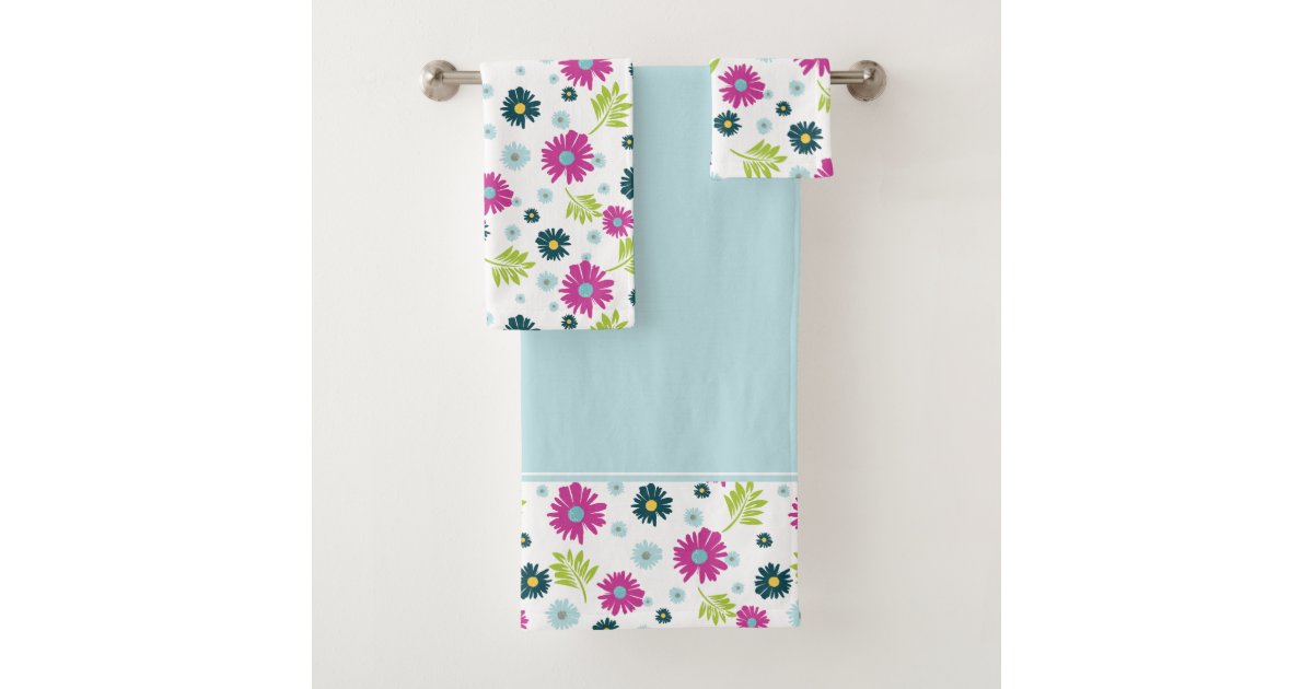 Fun Floral Daisy Pink Blue Green Leaf Pattern Bath Towel Set Zazzle