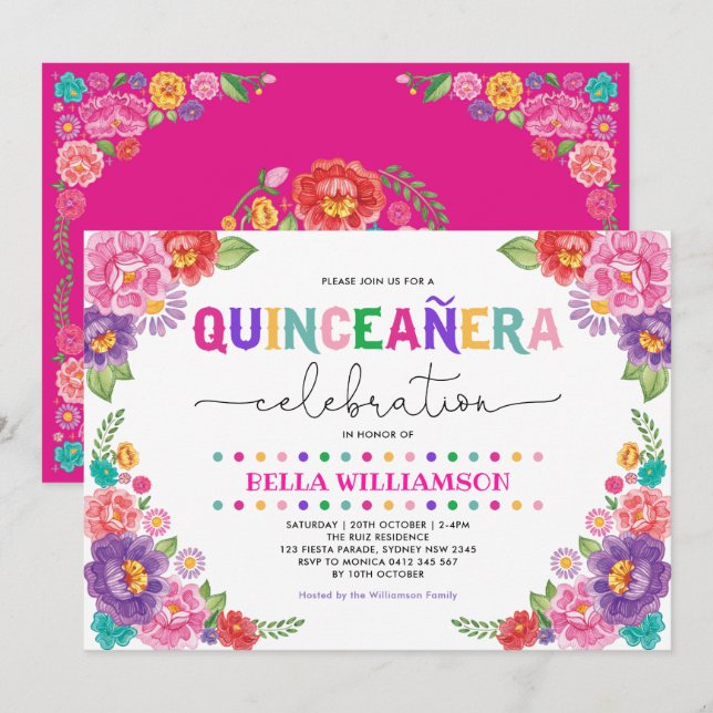 Fun Floral Fiesta Quinceañera 15th Birthday Party Invitation (Front/Back)