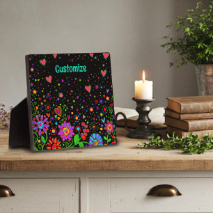 Fun Floral Heart Whimsical Personalised Black Plaque