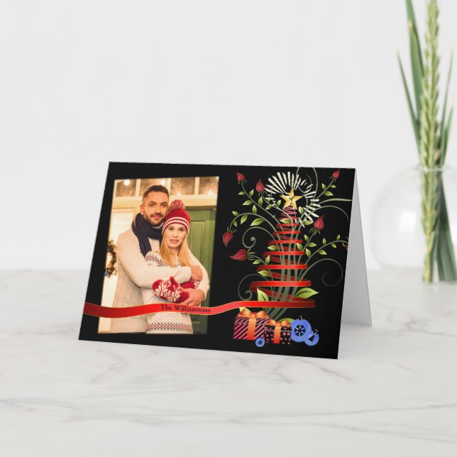 Fun Floral Modern Art Christmas Tree Photo Holiday Card (Front)