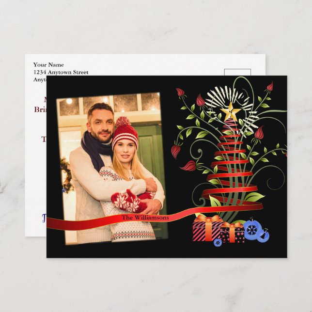 Fun Floral Modern Art Christmas Tree Photo Postcard (Front/Back)