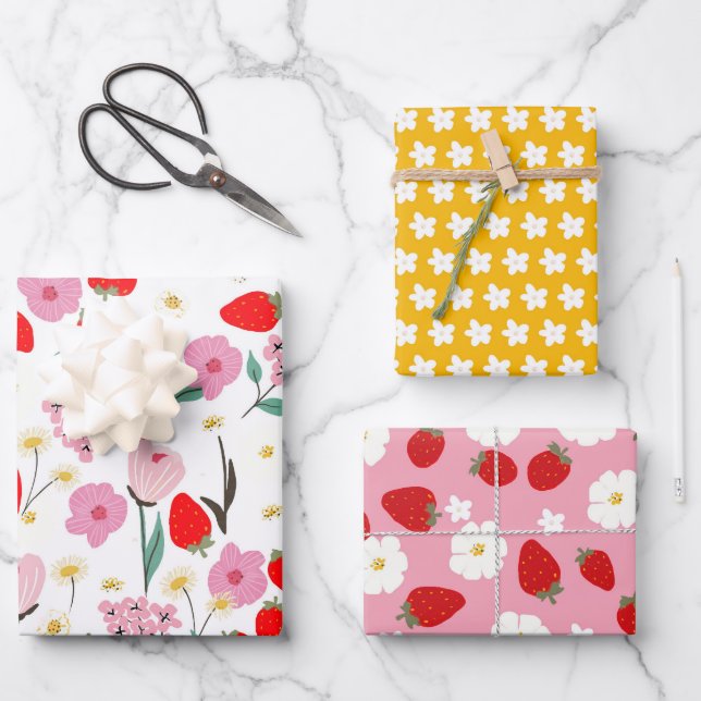 Fun Floral Strawberry Dream Wrapping Paper Sheet (Front)