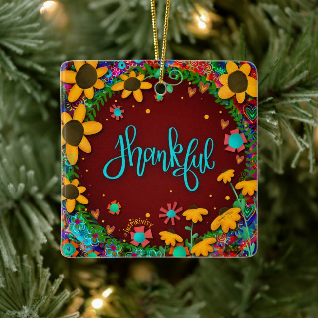 Fun Floral Thankful Colourful Pretty Inspirivity   Ceramic Ornament (Tree)