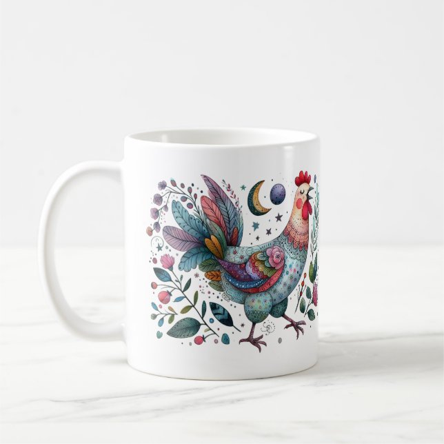 Fun Folk Art Style Chicken or Rooster at Night Coffee Mug (Left)