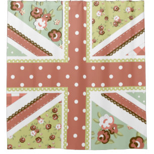 Fun Folk Quilt British Union Jack Flowers browns Shower Curtain