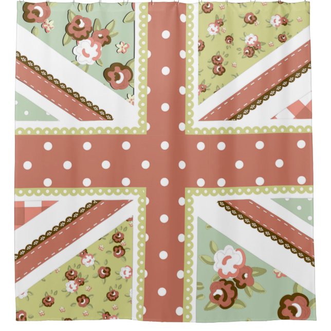 Fun Folk Quilt British Union Jack Flowers browns Shower Curtain (Front)