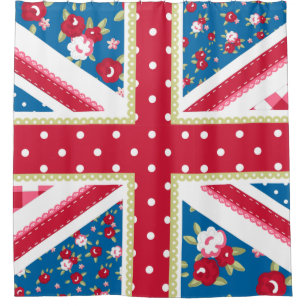 Fun Folk Quilt British Union Jack Flowers Shower Curtain