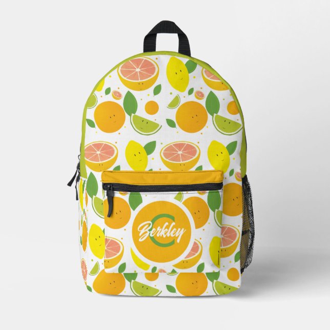 Fun Food Fruit Kids Name Monogram Printed Backpack (Front)