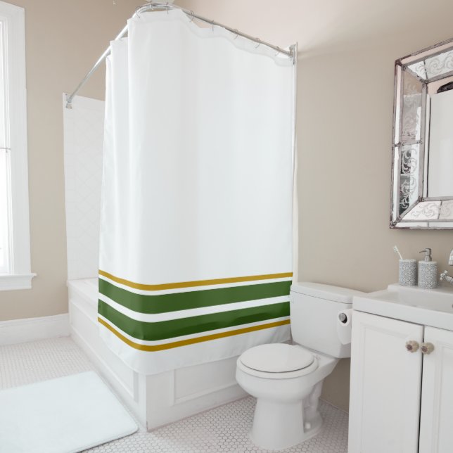 Fun Forest Green Bottom Racing Stripes On White Shower Curtain (In Situ)