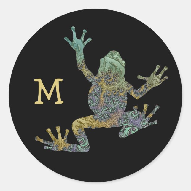 Fun Fractal Climbing Tree Frog with Your Monogram  Classic Round Sticker (Front)