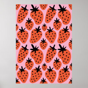 Fun freehand drawing strawberry seamless pattern d poster
