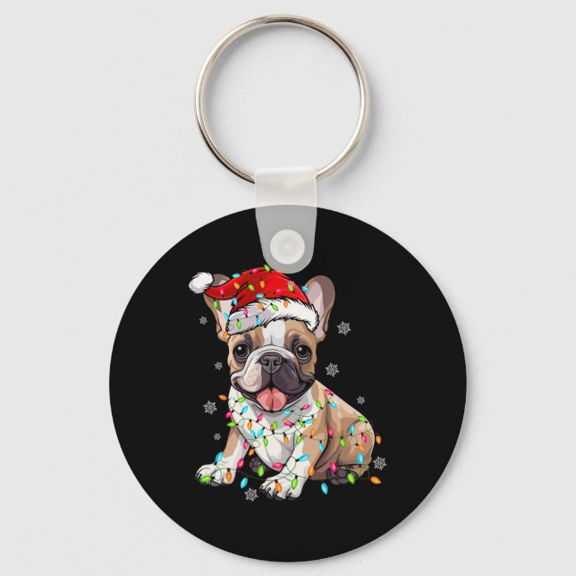Fun French Bulldog Dog Tree Christmas Lights Xmas  Key Ring (Front)