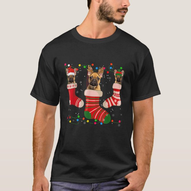 Fun French Bulldog Stocking Christmas Light Socks  T-Shirt (Front)