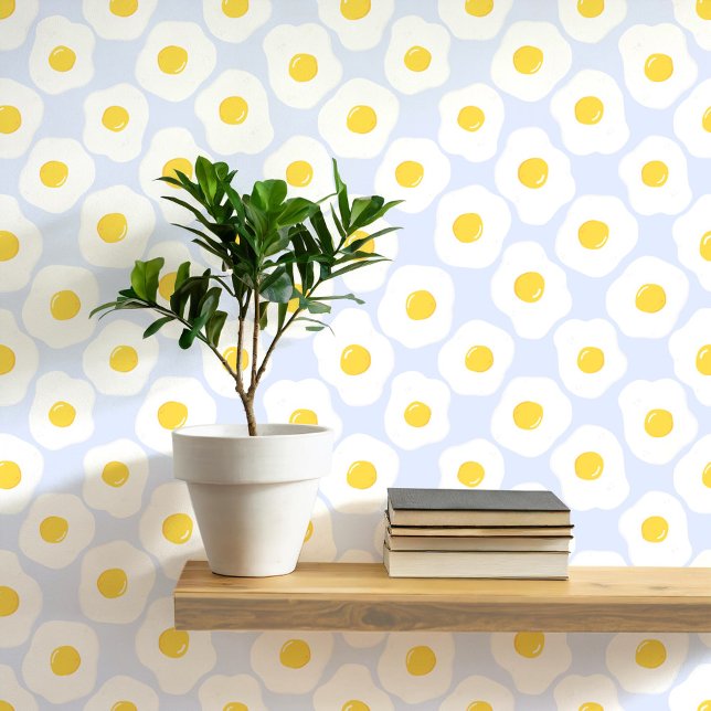 Fun Fried Eggs Blue Pattern Wallpaper (Fun fried egg food art peel and stick wallpaper for kitchen, diner, cafe or restaurant)