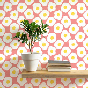 Fun Fried Eggs Coral Pink Pattern Wallpaper